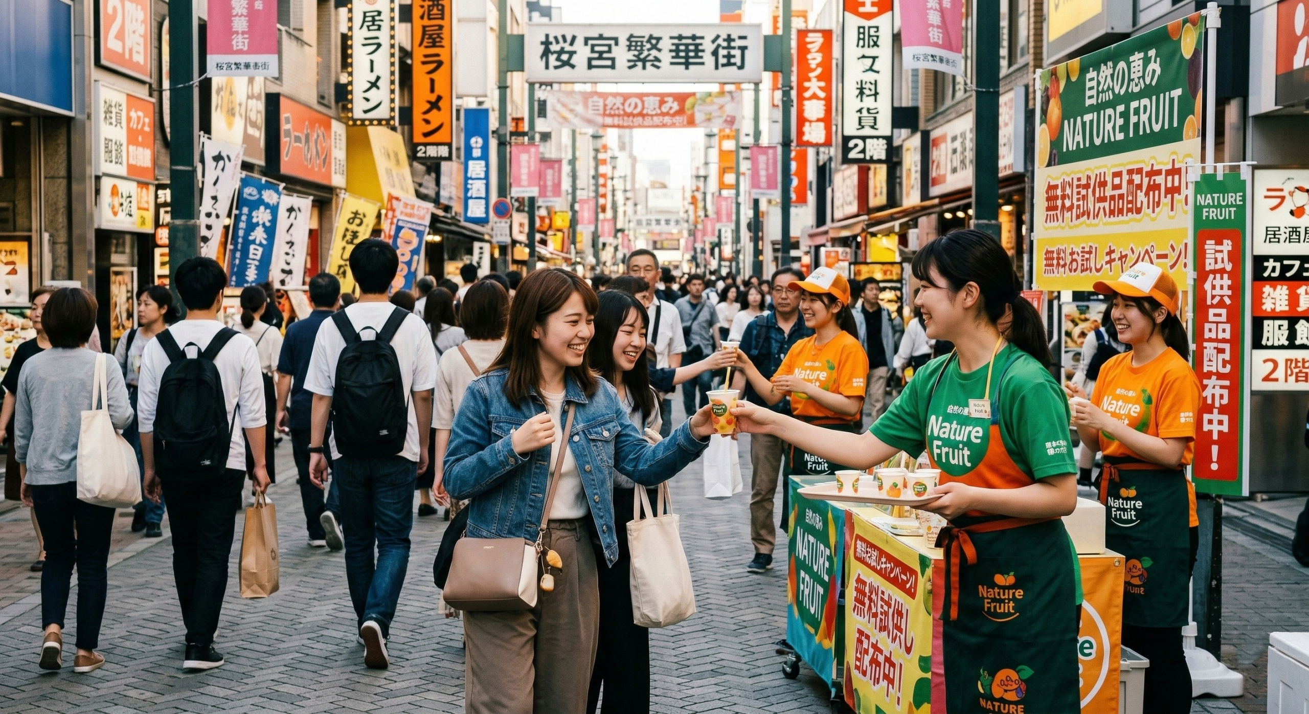 女性が街頭サンプリングに参加している様