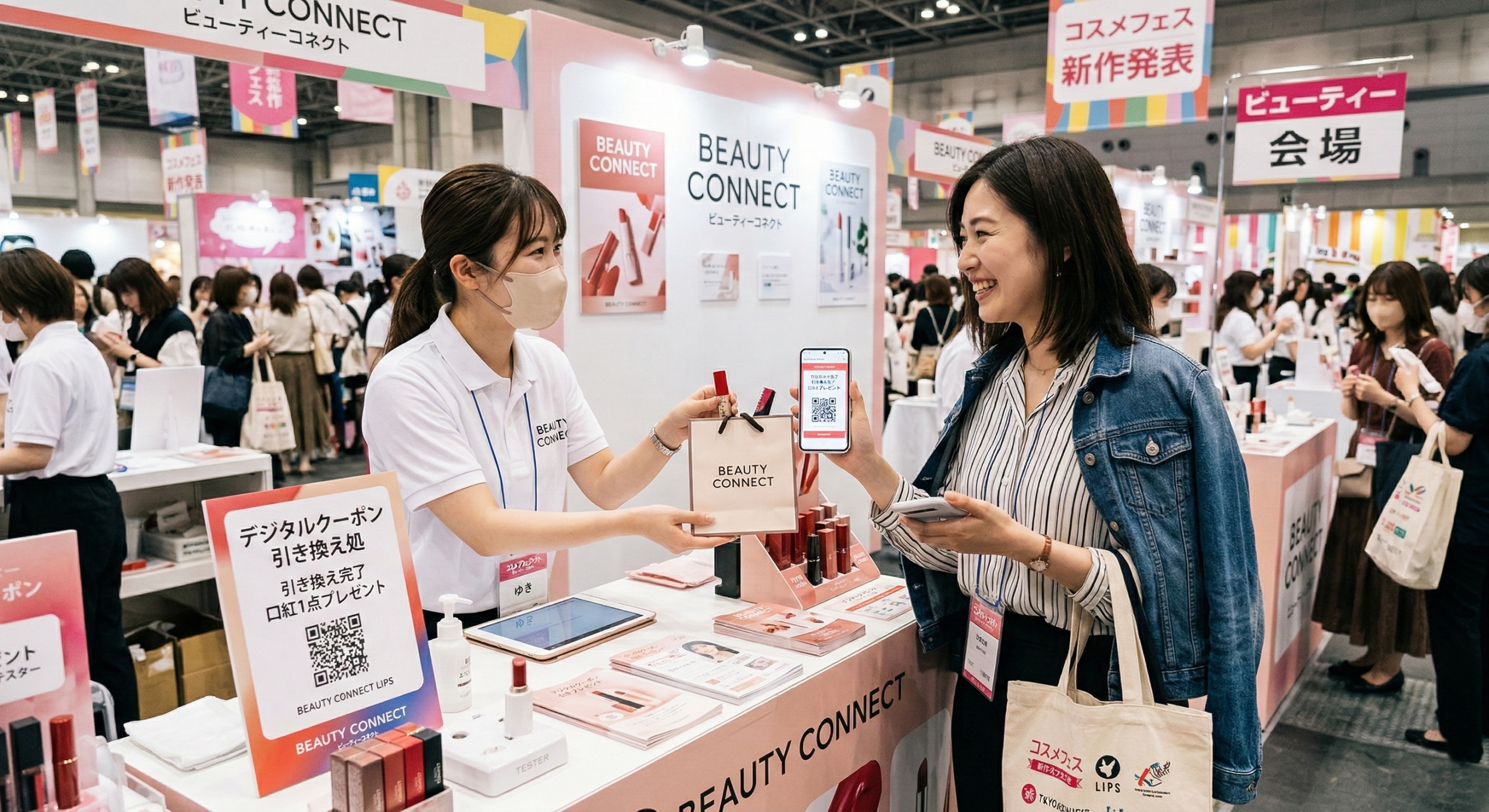 イベント会場で女性がクーポンと口紅を引き換えている