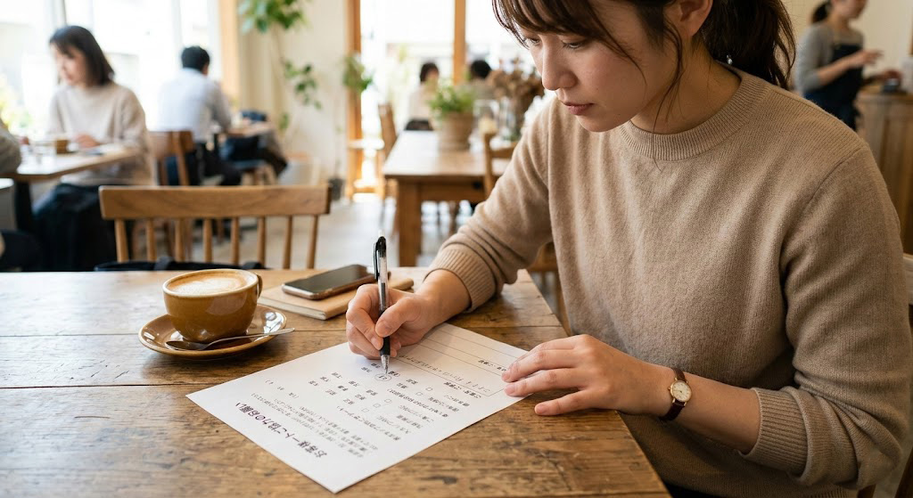女性がアンケート回答している様子