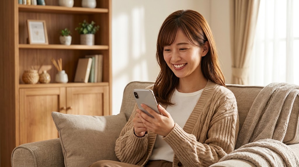 女性が自宅でスマートフォンで情報収集をしている様