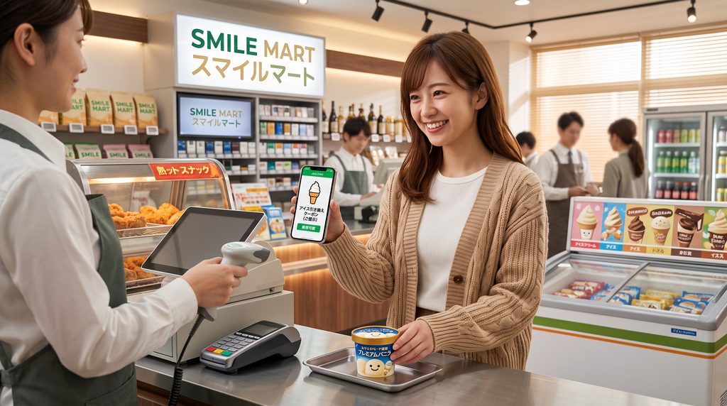 女性が店頭でデジタルクーポンをかざしている様